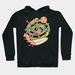 Aloha Skeleton Surfing - Surfboard Wave & Moon Graphic Hoodie